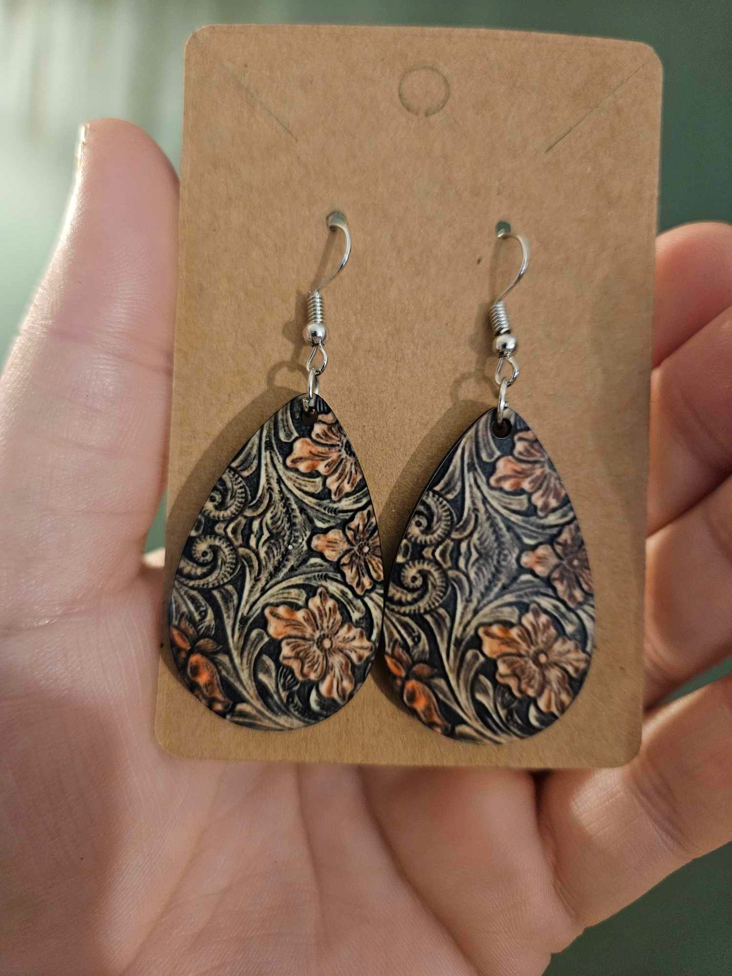 Floral Leather Wood Earrings