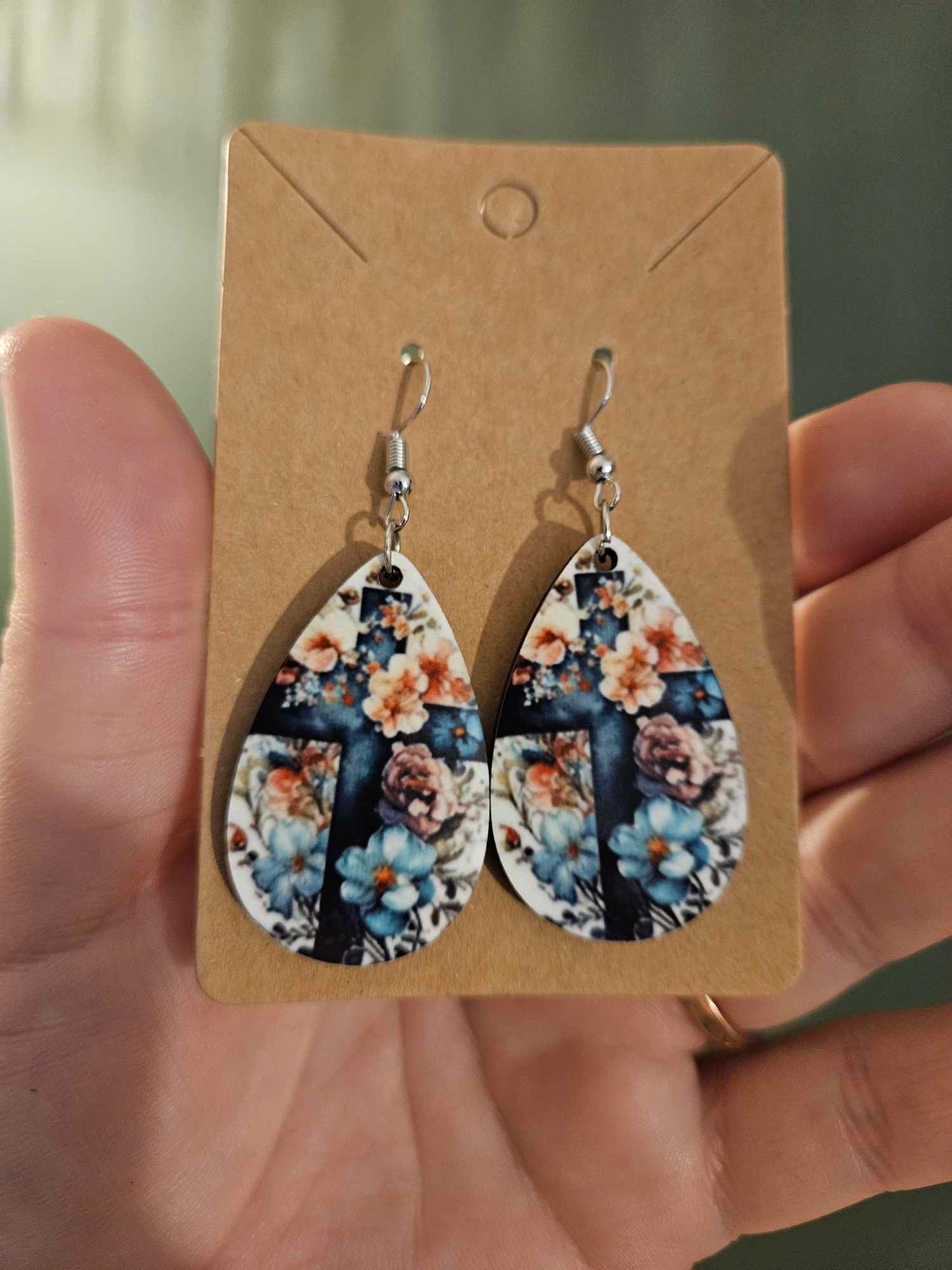 Floral Cross Tear Drop Earrings