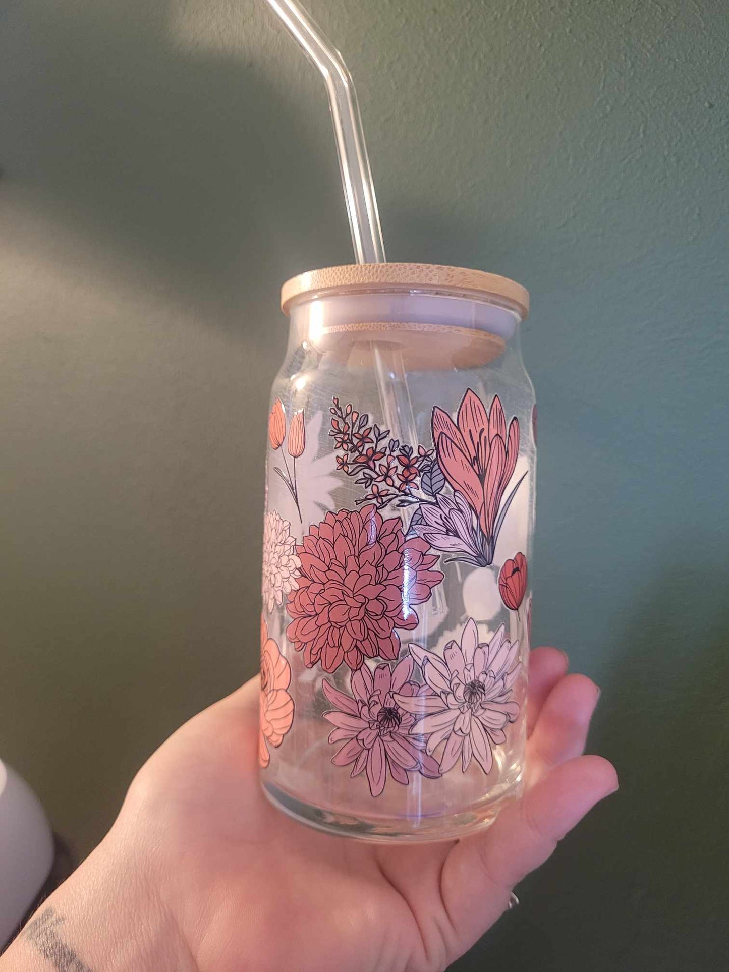 16oz Floral Glass Cup